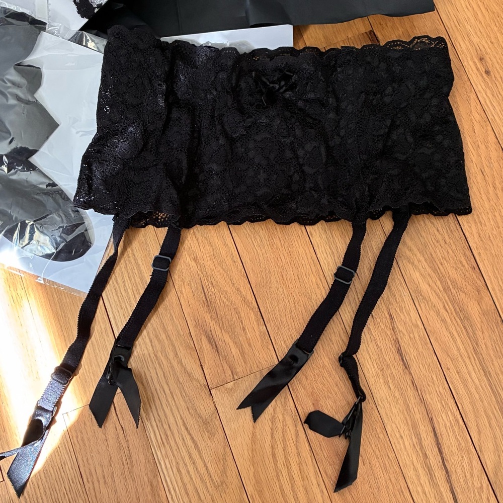 New Black Garter Belt, Stockings Set, vintage, Y2K, new package, boxed, Small